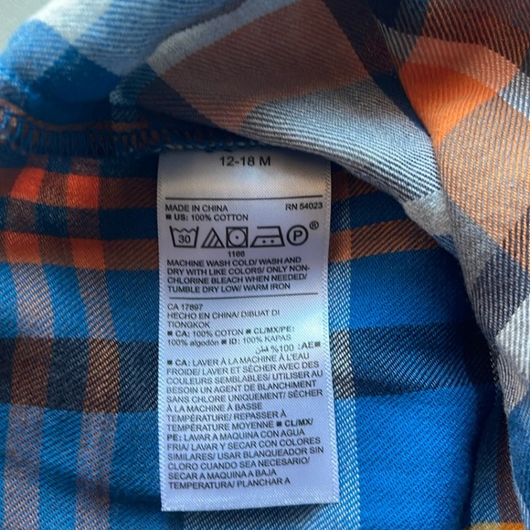 Old Navy Kids Long Sleeve Cotton Flannel Top in Orange, Blue & White Plaid - Picture 5 of 6
